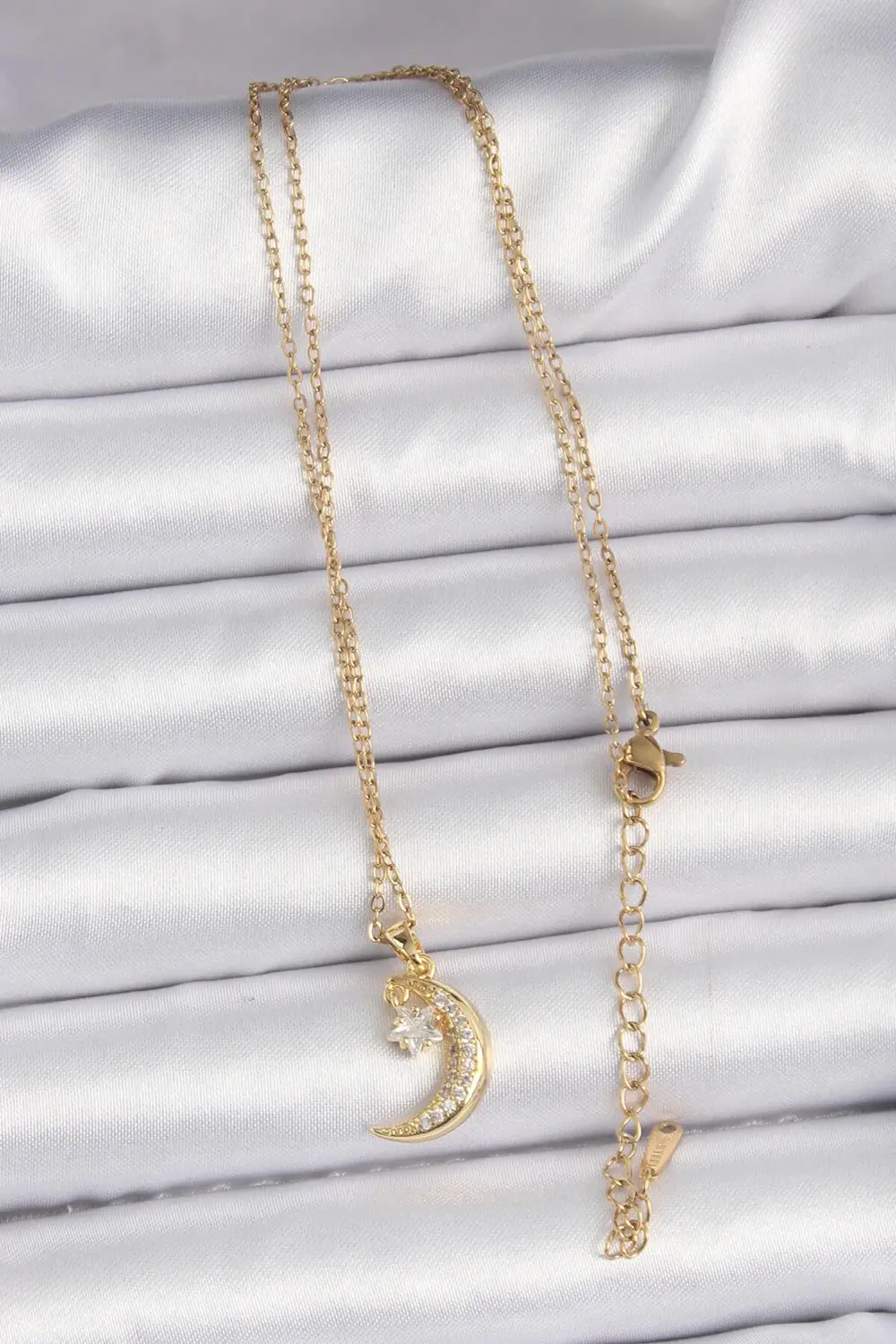 BFS 316L Çelik Zincir Altın Renk Zirkon Taşlı Sallantılı Ay Yıldı