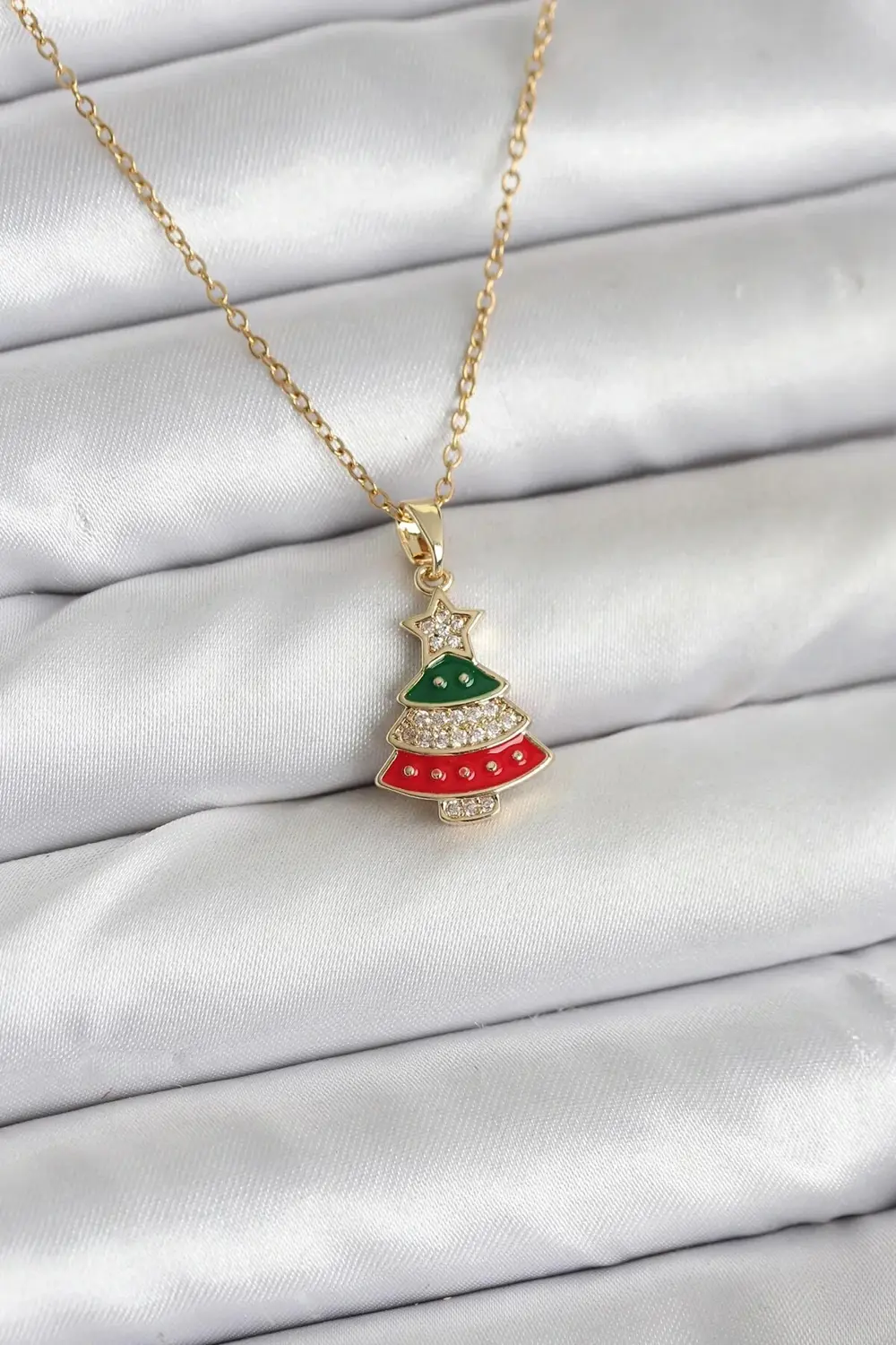 BFS 316L Çelik Zincir Gold Ren Çam Ağacı Model Zirkon Taşlı Yılba