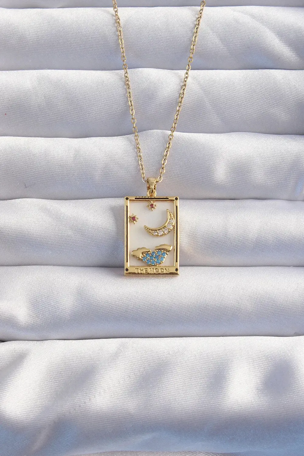 BFS 316L Çelik Zincir Gold Renk Ay Detay Mavi Zirkon Taşlı Tarot