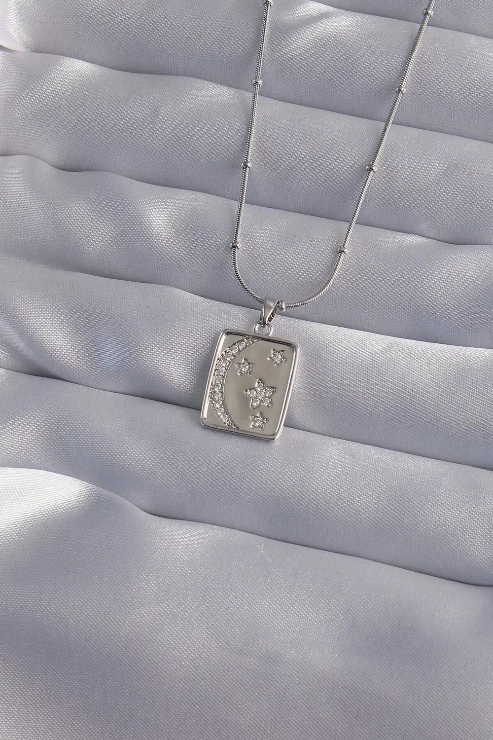 BFS 316L Çelik Zincir Gümüş Renk Zirkon Taşlı Ay Yıldız Figürlü T