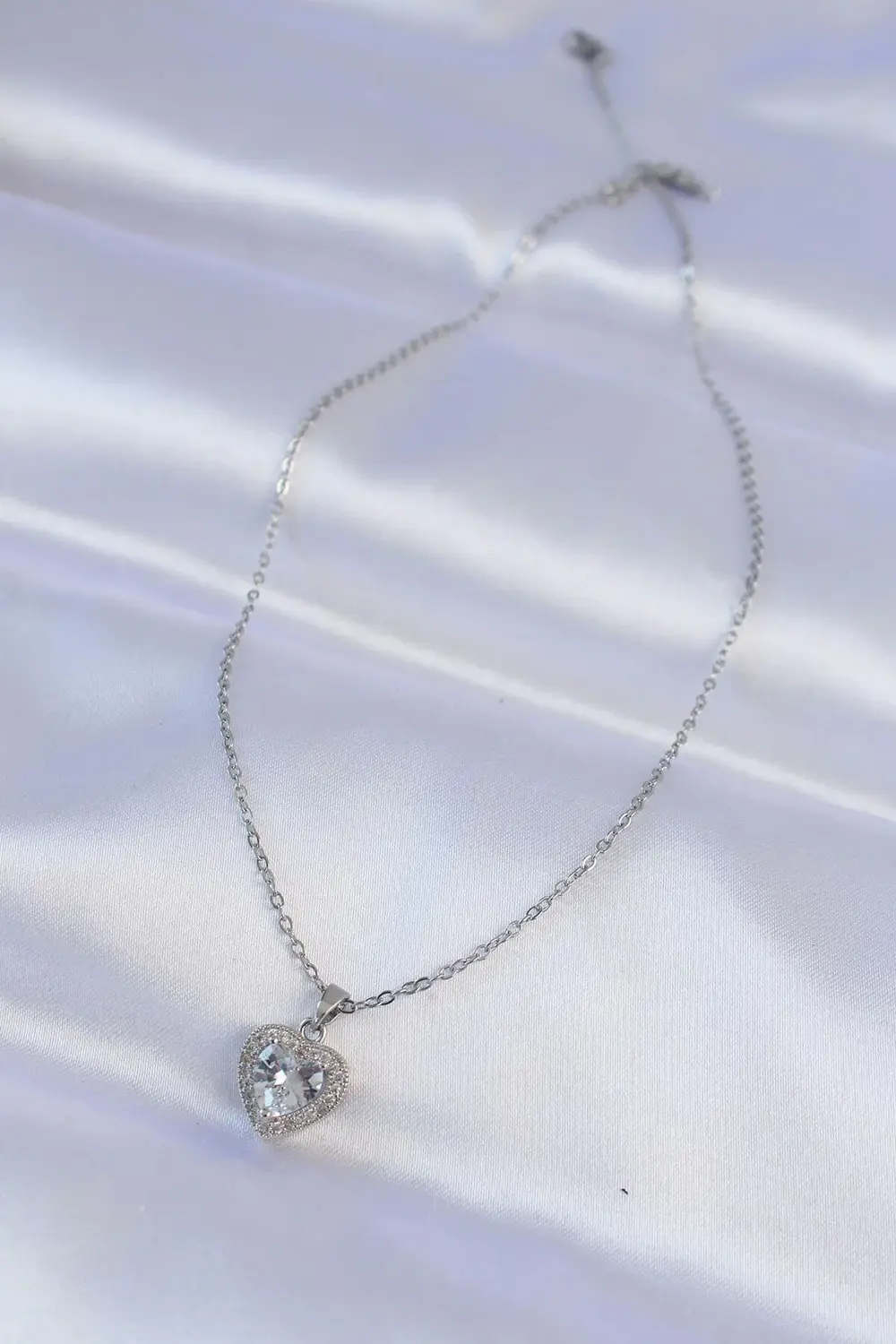 BFS 316L Çelik Zincir Gümüş Renk Zirkon Taşlı Charm Kalp Kolye