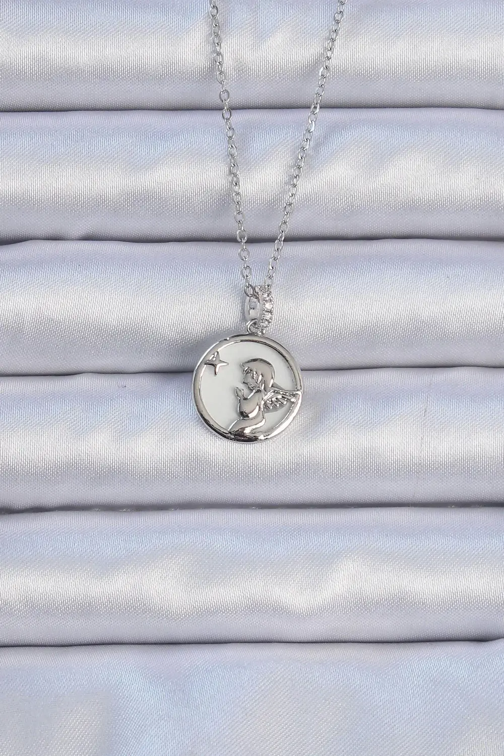 BFS 316L Çelik Zincir Gümüş Renk Zirkon Taşlı Mineli Melek Kolye