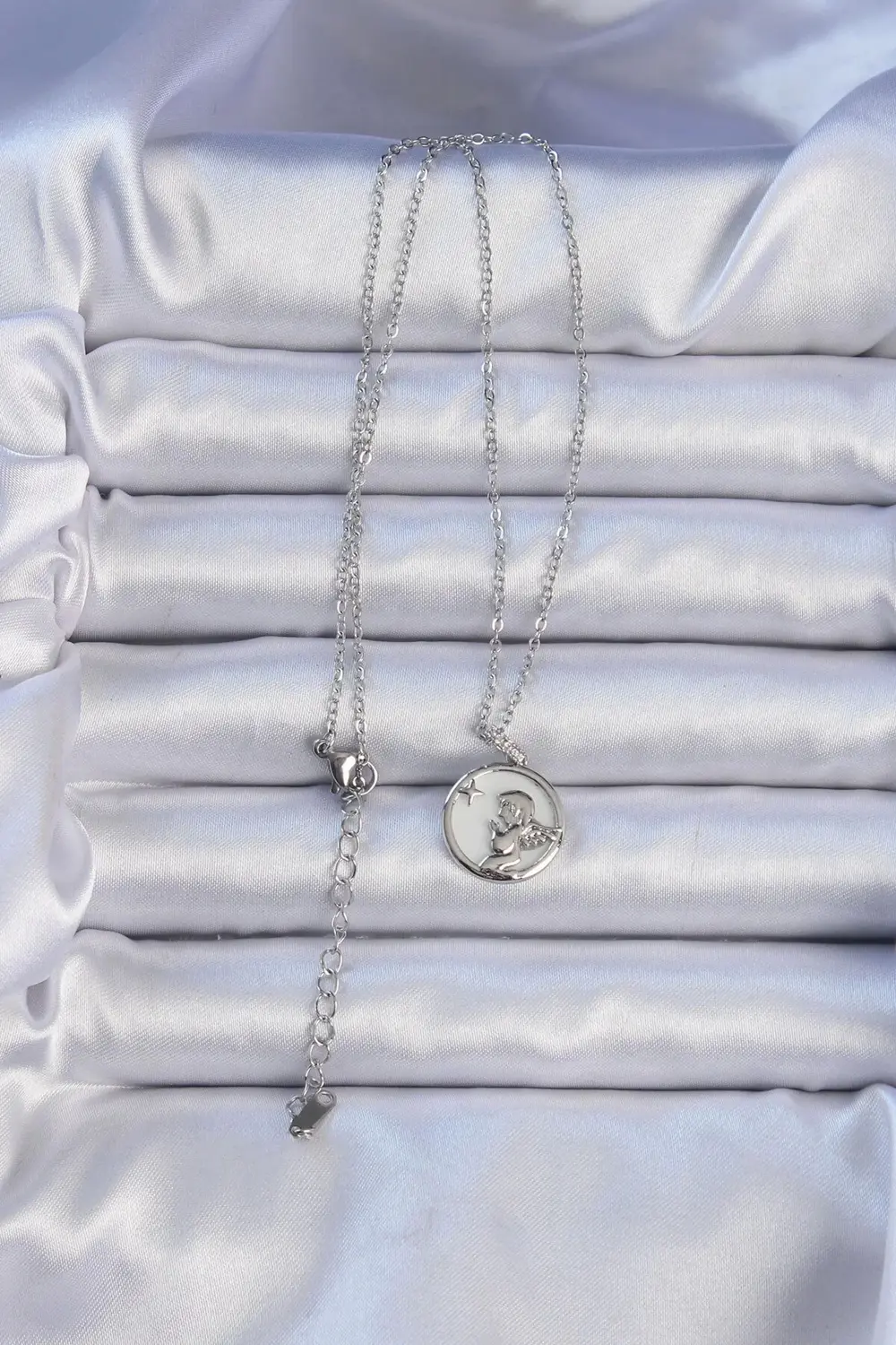 BFS 316L Çelik Zincir Gümüş Renk Zirkon Taşlı Mineli Melek Kolye