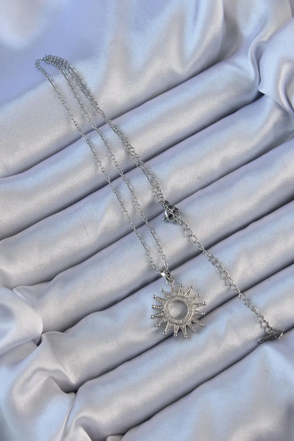 BFS 316L Çelik Zincir Gümüş Renk Zirkon Taşlı Parlayan Güneş Koly