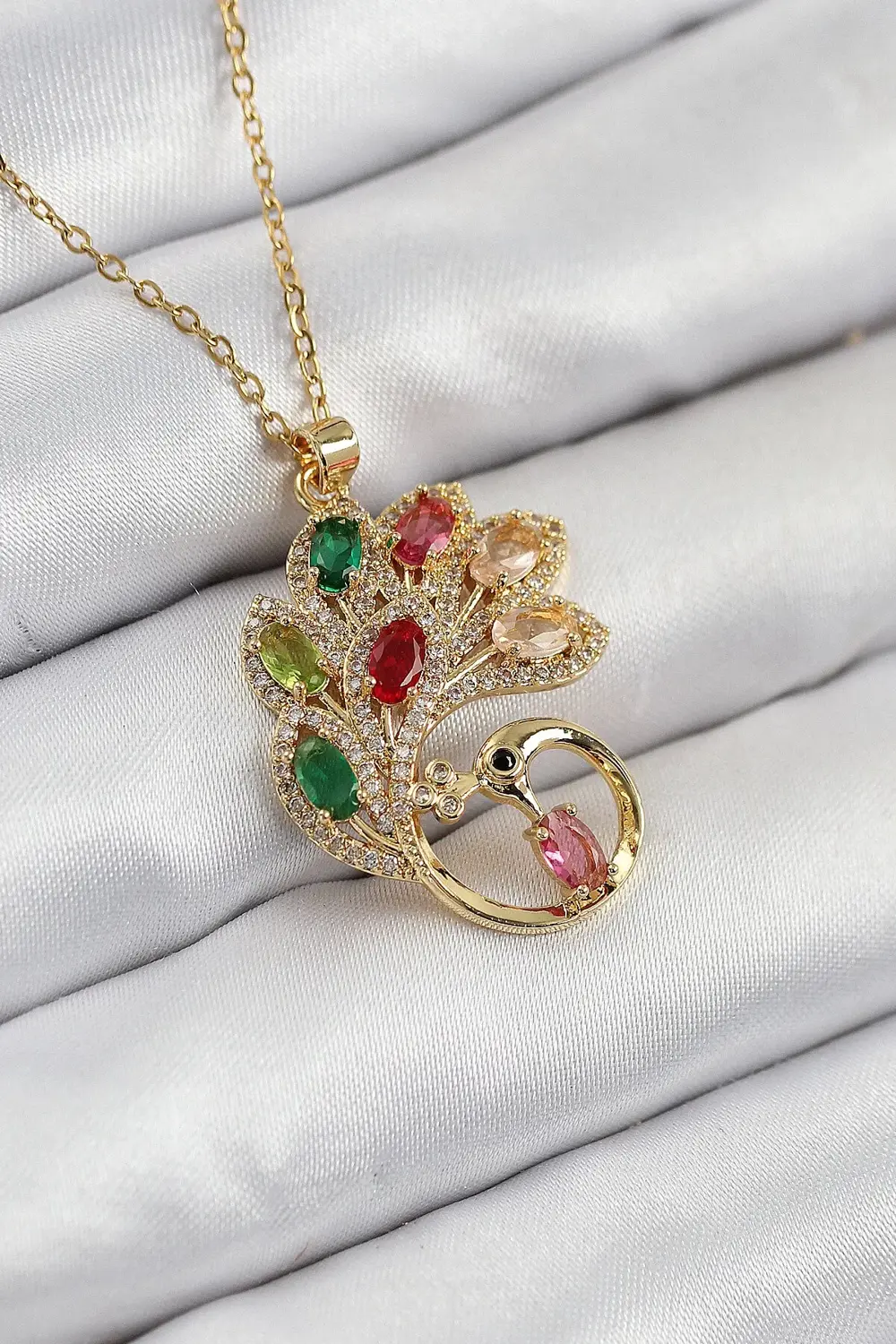 BFS 316L Çelik Zirkon Taşlı Tavus Kuşu Model Gold Renk Kadın Koly