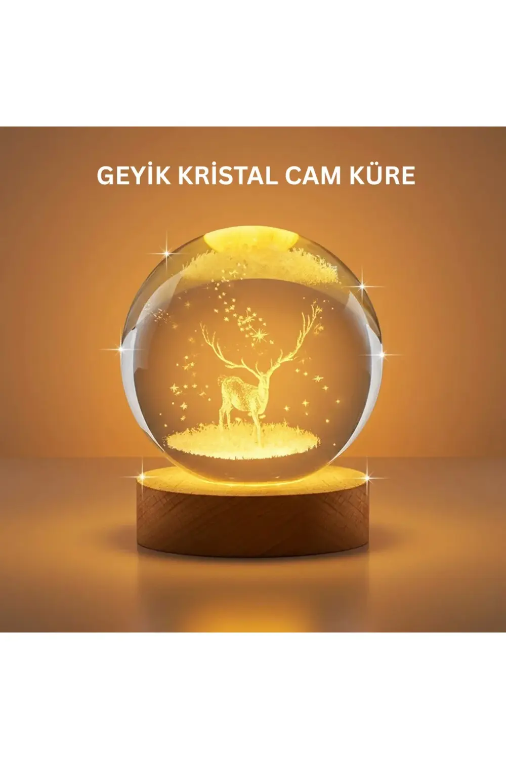 BFS 3D Geyik Desenli Kristal Küre USB Işıklı Ahşap Tabanlı Oda La