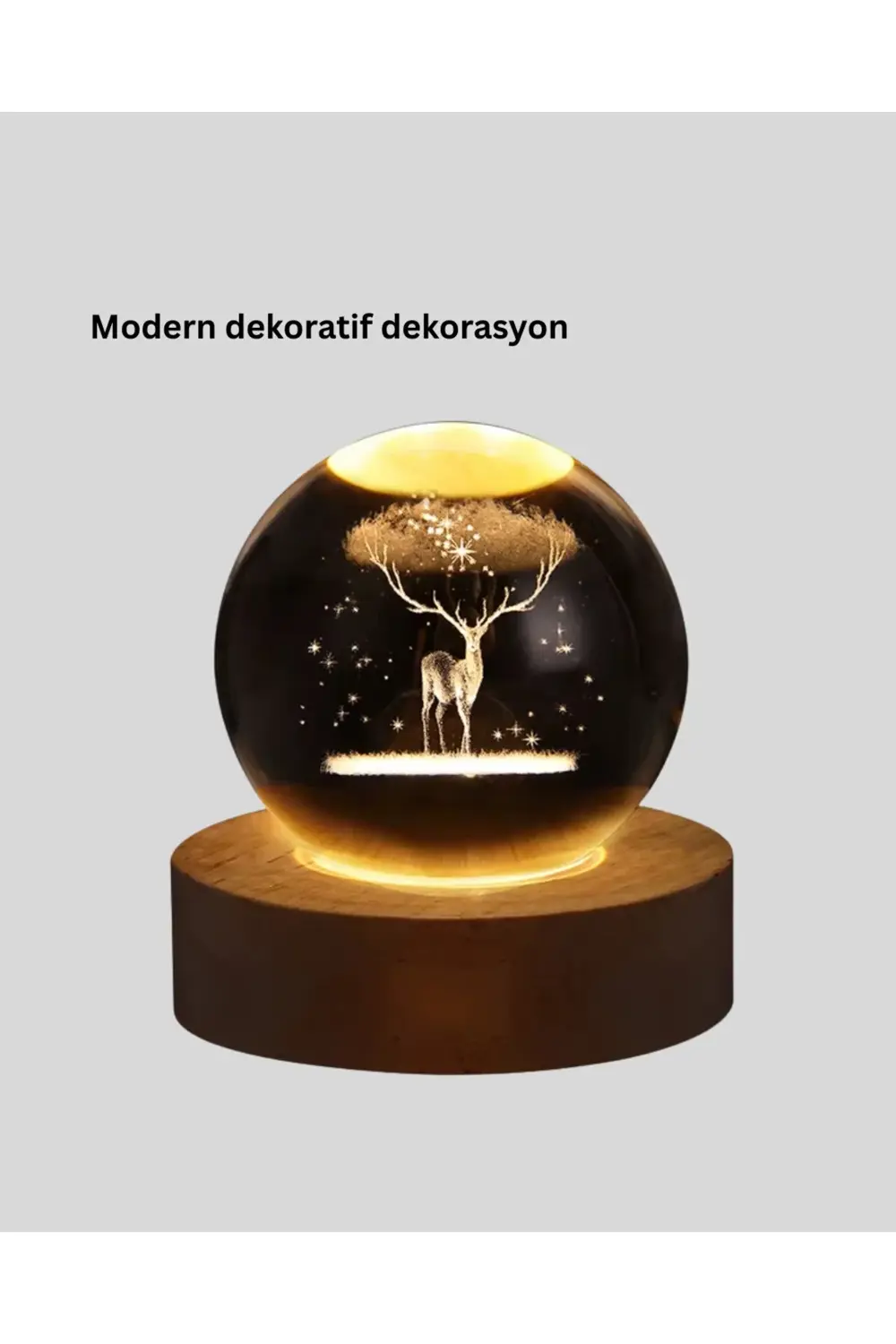 BFS 3D Geyik Desenli Kristal Küre USB Işıklı Ahşap Tabanlı Oda La
