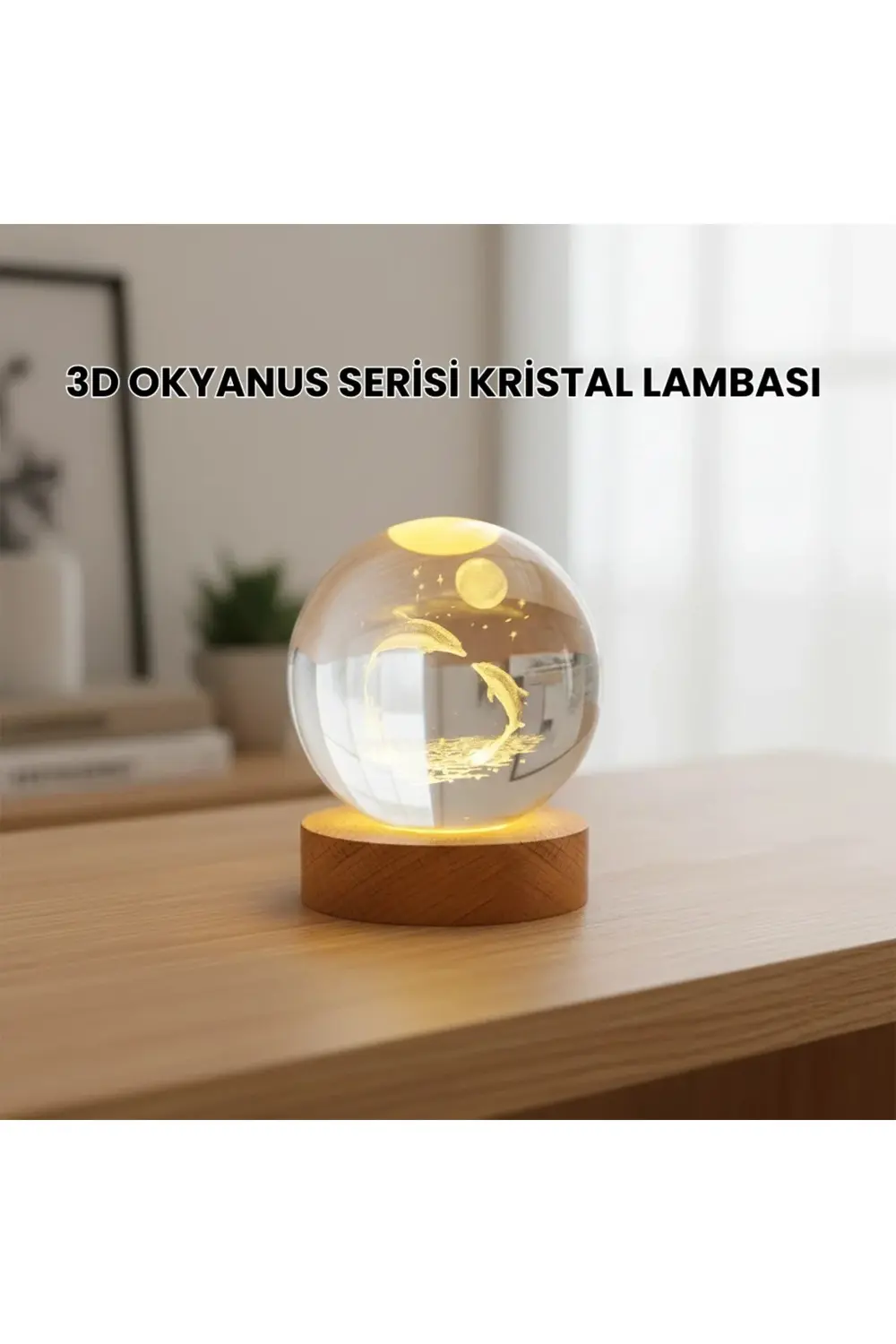 BFS 3D Yunus Desenli Kristal Küre Ahşap Tabanlı Işıklı Dekor Obje