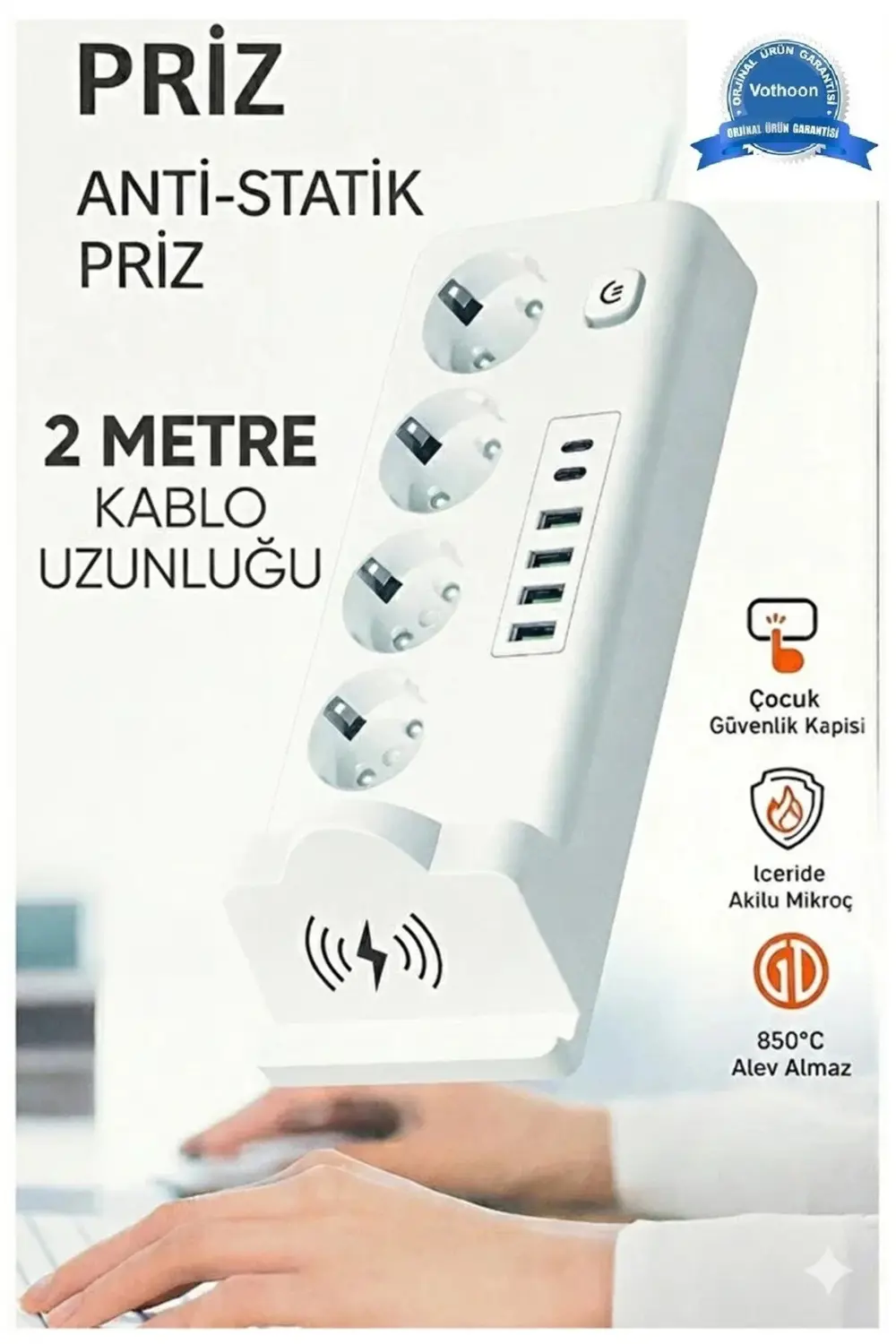BFS Akım Korumalı Priz Ve Masaüstü Şarj İstasyonu Kablosuz 4 Priz