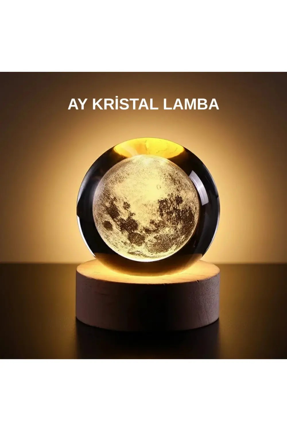 BFS Ay Figürlü 3D Kristal Küre LED Gece Lambası Ahşap Standlı Dek