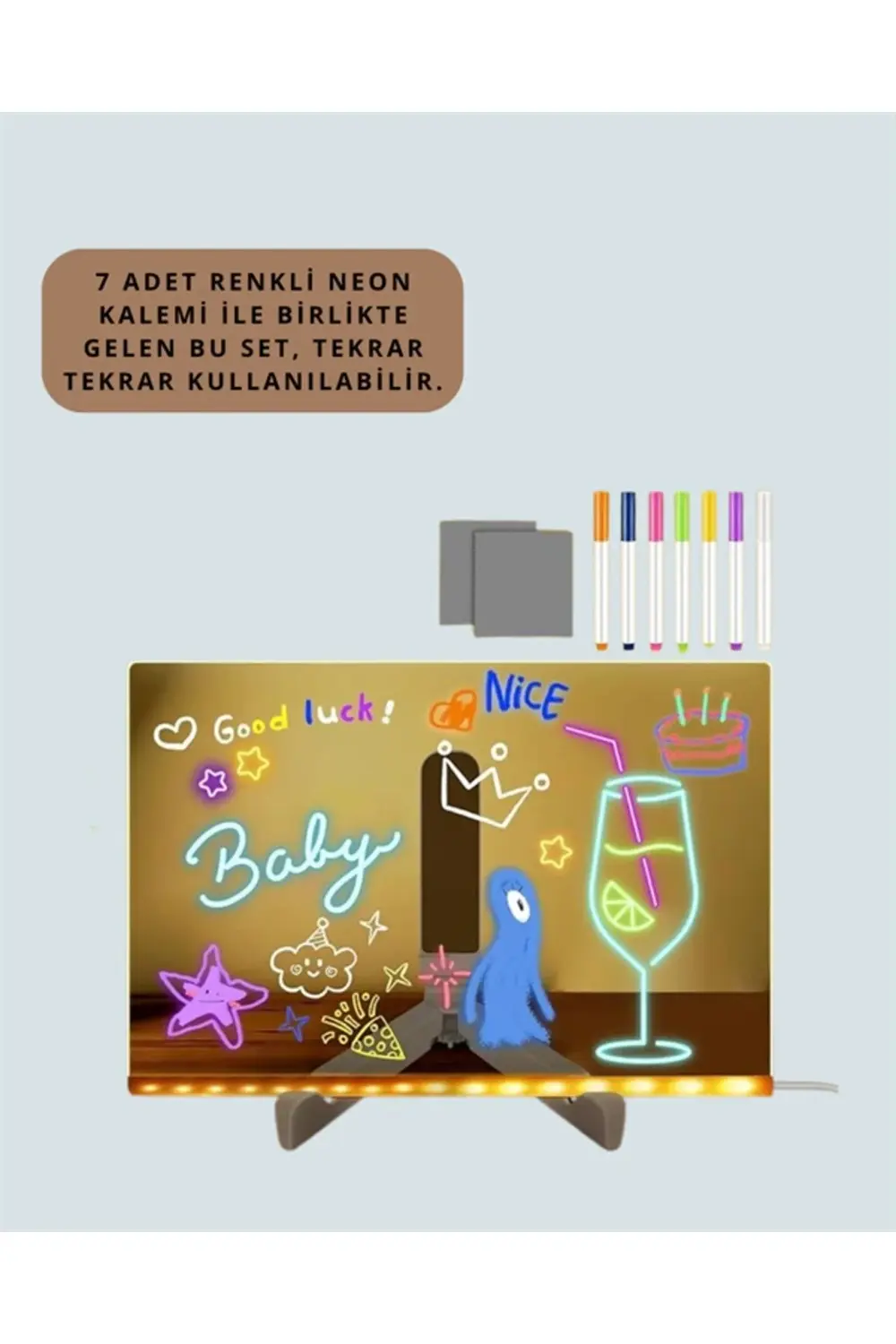 BFS Çocuklar İçin Renkli LED Mesaj Tahtası – Neon Kalemli, Eğlenc