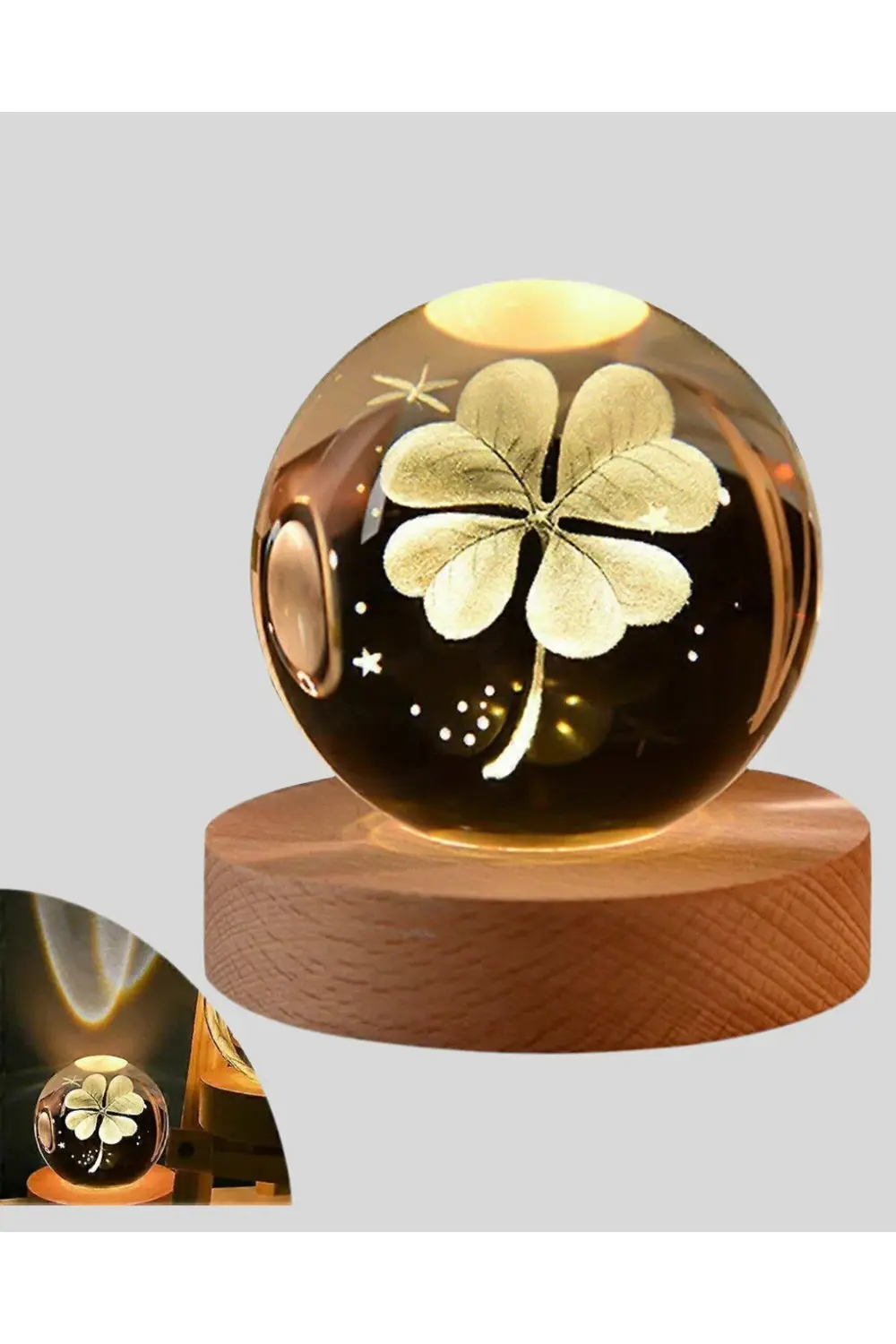 BFS Dekoratif Yonca Görünümlü Işıklı Kristal Cam Küre USB Masa Ge