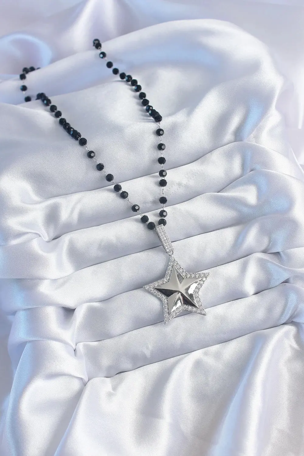 BFS Gümüş Renk Siyah Boncuk Zirkon Taşlı Pirinç Yıldız Model VİP