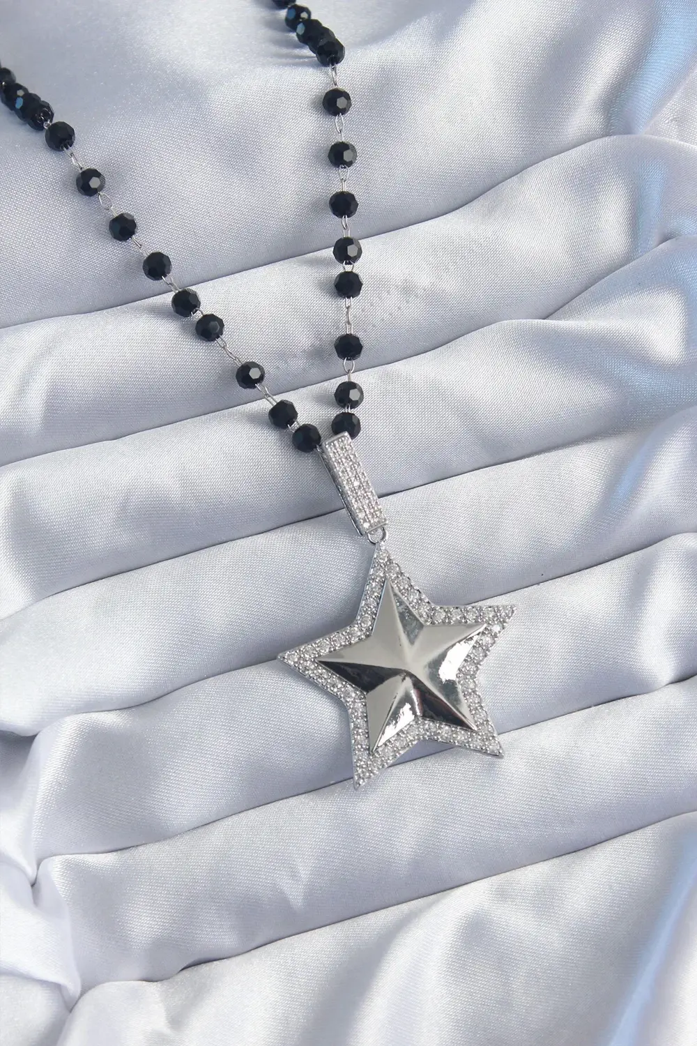 BFS Gümüş Renk Siyah Boncuk Zirkon Taşlı Pirinç Yıldız Model VİP