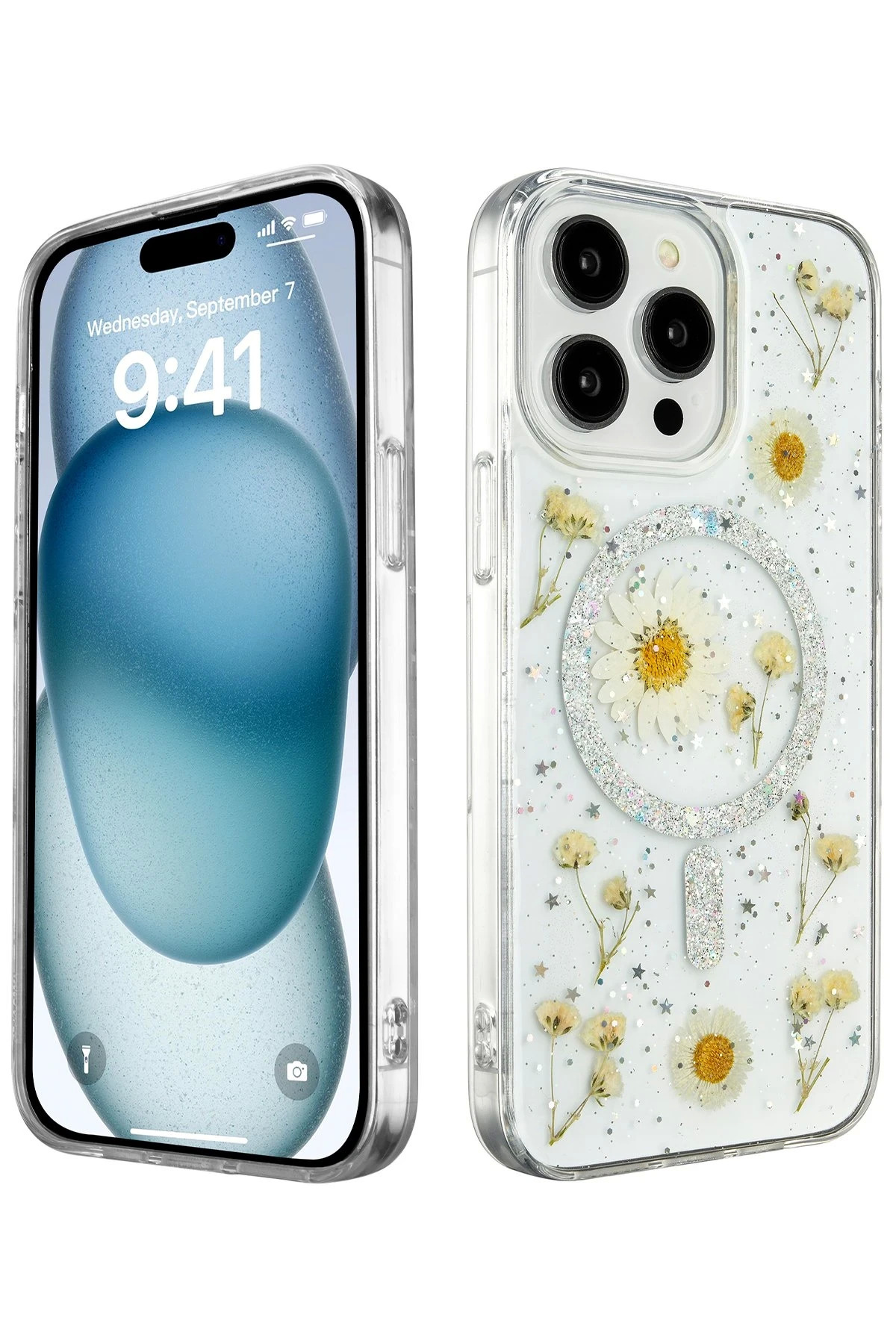 Butik Bfs İphone 14 Pro Kilif Daisy Simli Magsafe Kapak - Gümüş