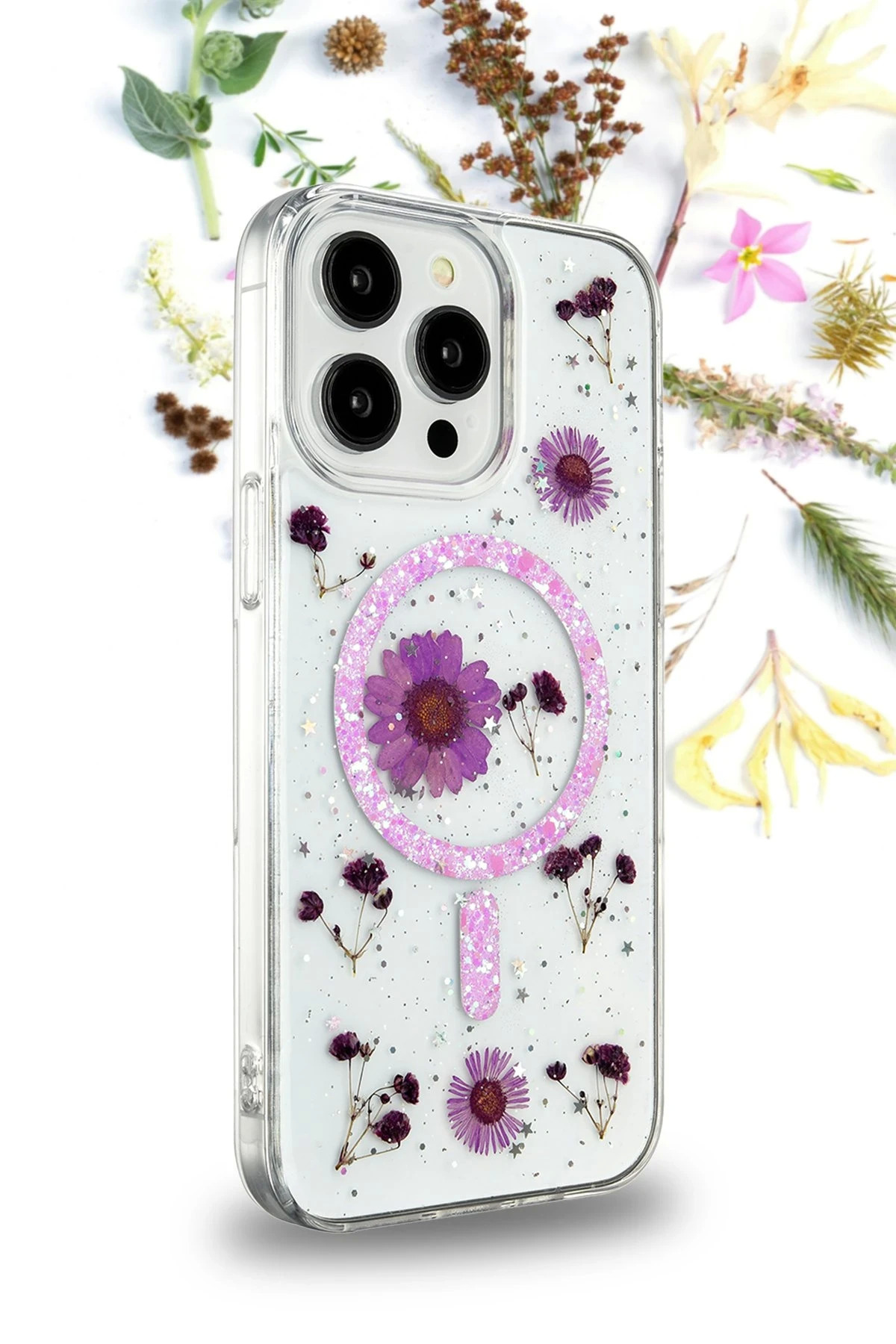 Butik Bfs İphone 14 Pro Kilif Daisy Simli Magsafe Kapak - Gümüş