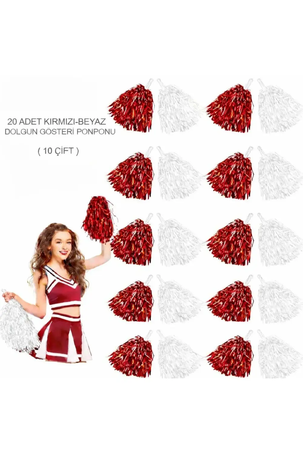 BFS Kırmızı Beyaz Metalik Dolgun Gösteri Ponponu 20 Adet (10 Çift