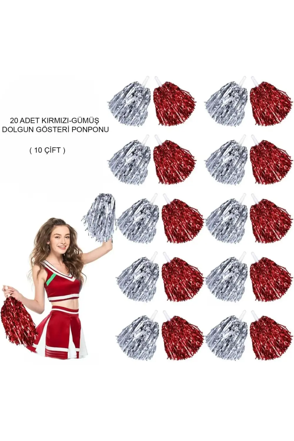 BFS Kırmızı Gümüş Metalik Dolgun Gösteri Ponponu 20 Adet (10 Çift