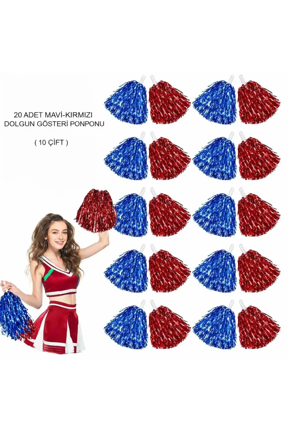 BFS Kırmızı Mavi Metalik Dolgun Gösteri Ponponu 20 Adet (10 Çift)