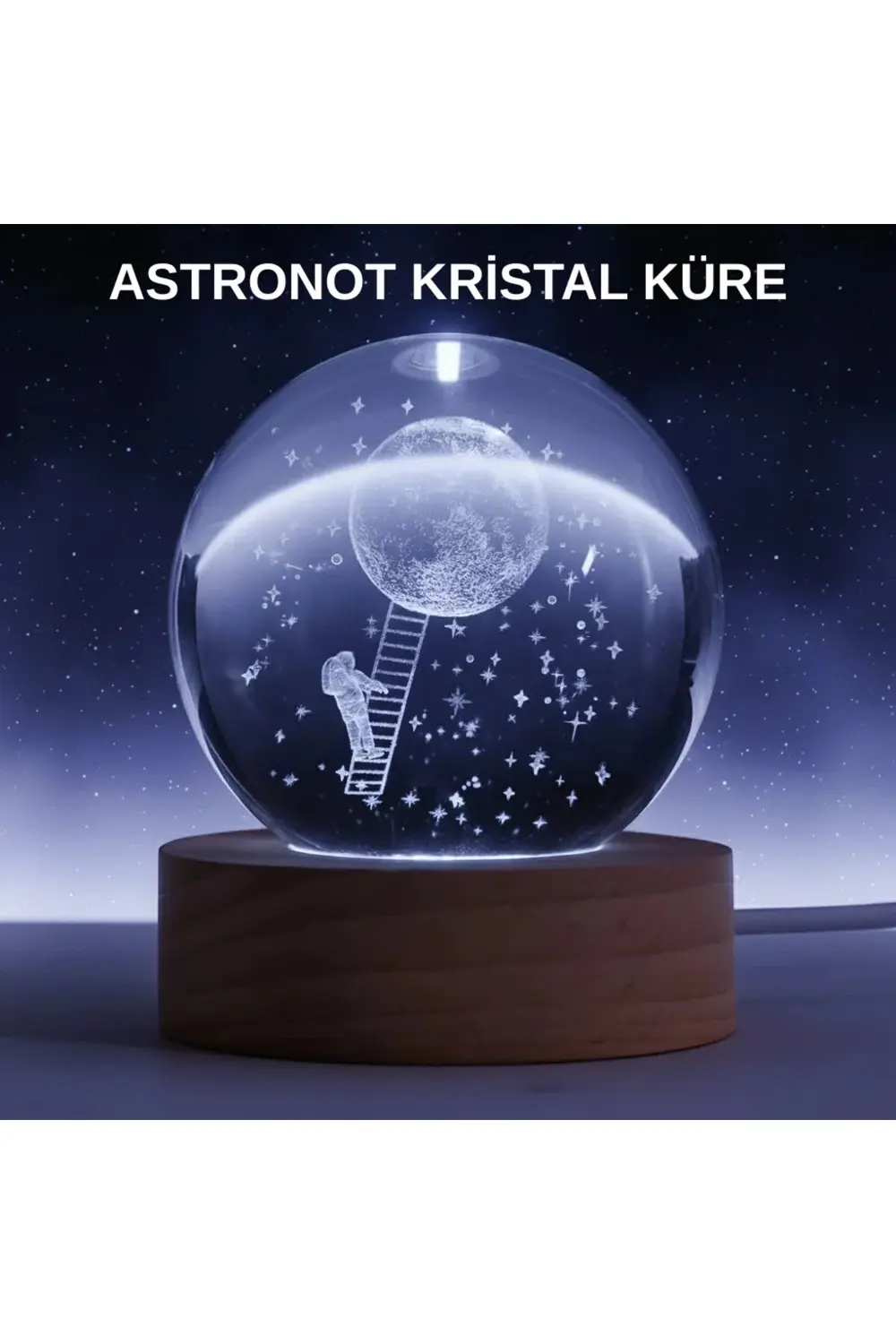 BFS Lazer İşlemeli 3D Astronot Kristal Küre LED Işıklı Uzay Temal