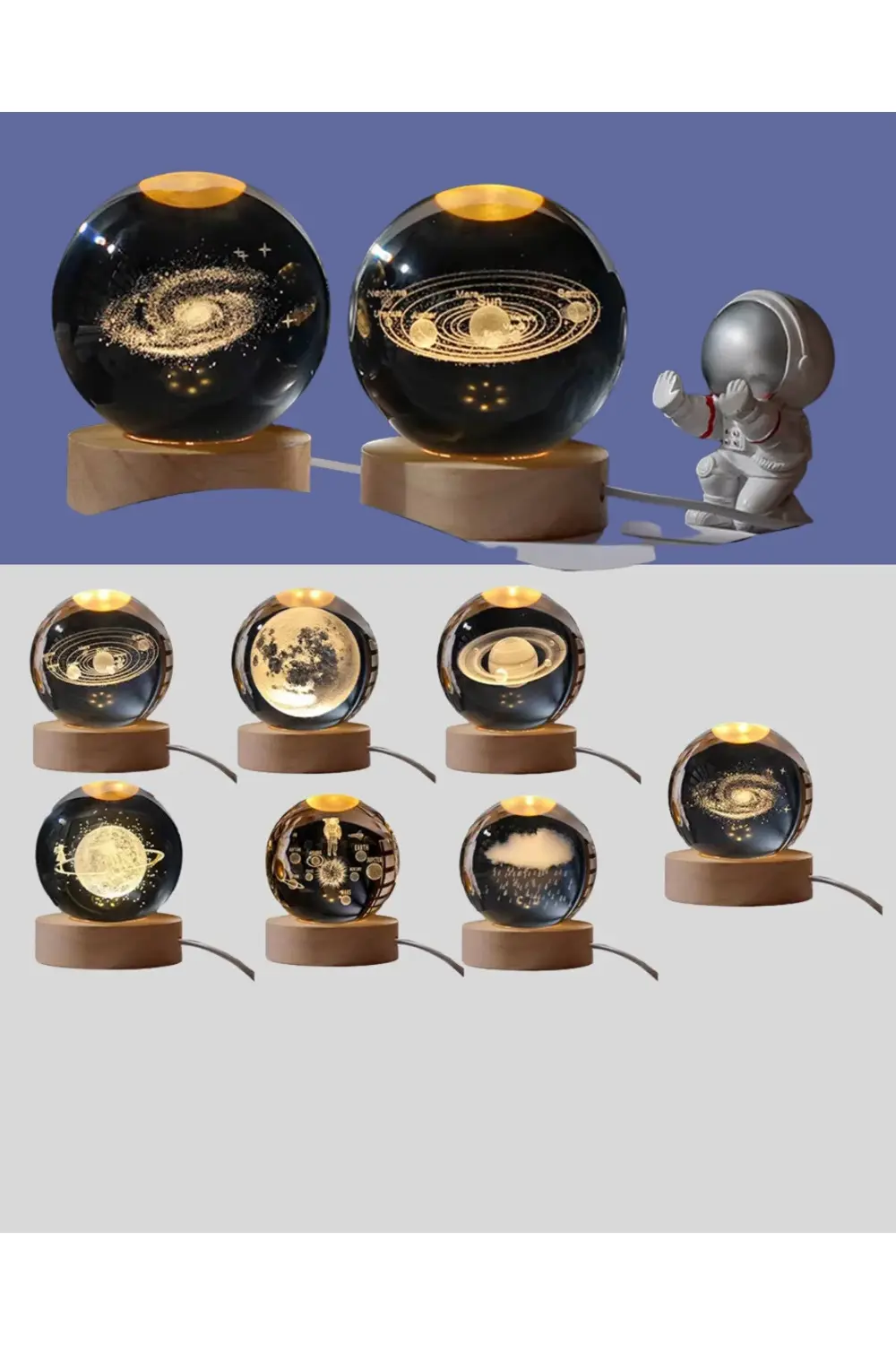 BFS Lazer İşlemeli 3D Astronot Kristal Küre LED Işıklı Uzay Temal