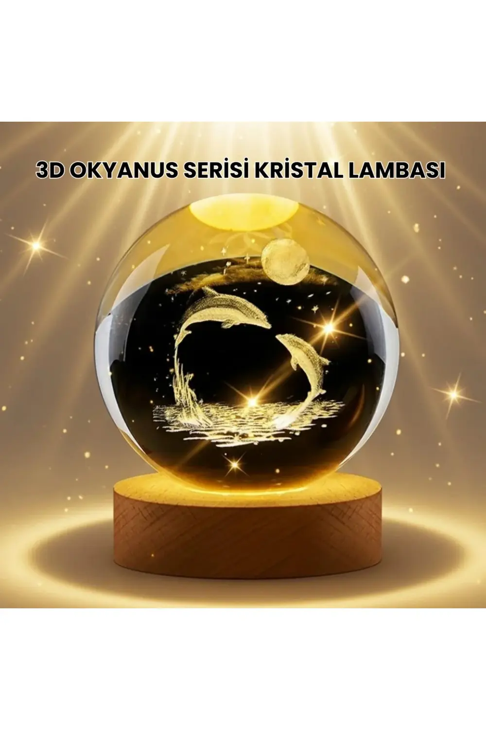 BFS Lazer İşlemeli Yunus Kristal Küre Sıcak Işıklı Ahşap Standlı