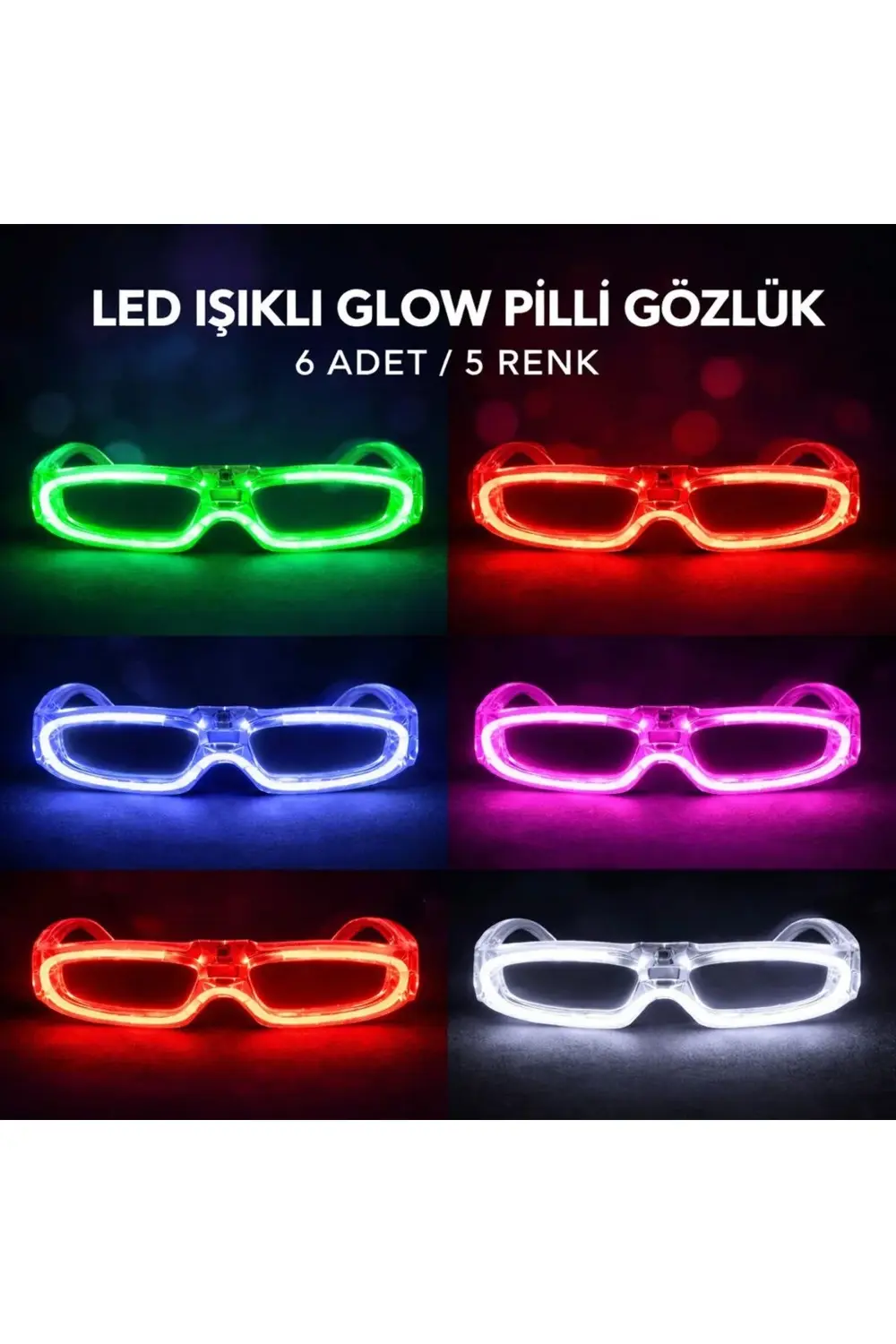 BFS LED Işıklı Glow Pilli Parti Gözlüğü - Efektli 6 Adet 5 Renk