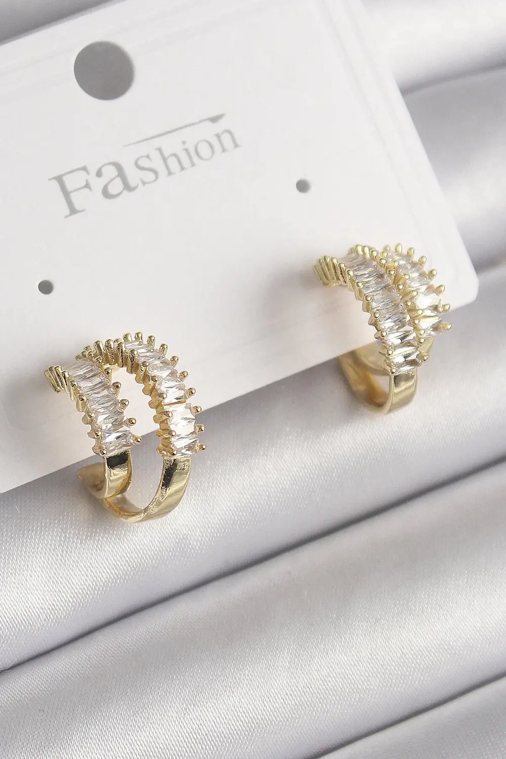 BFS Pirinç Gold Renk 2'Li Zirkon Taşlı Halka Model Kadın Küpe