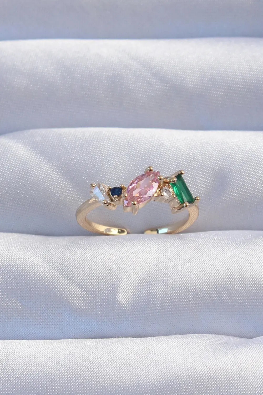 BFS Pirinç Gold Renk Renkli Zirkon Taşlı Ayarlanabilir Yüzük