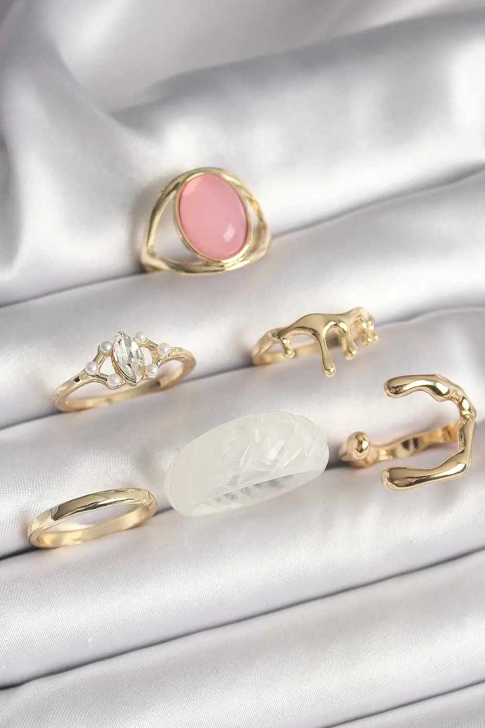 BFS Pirinç Gold Renk Zirkon Taş Detaylı Pembe Mineli 6'Lı Kadın Y