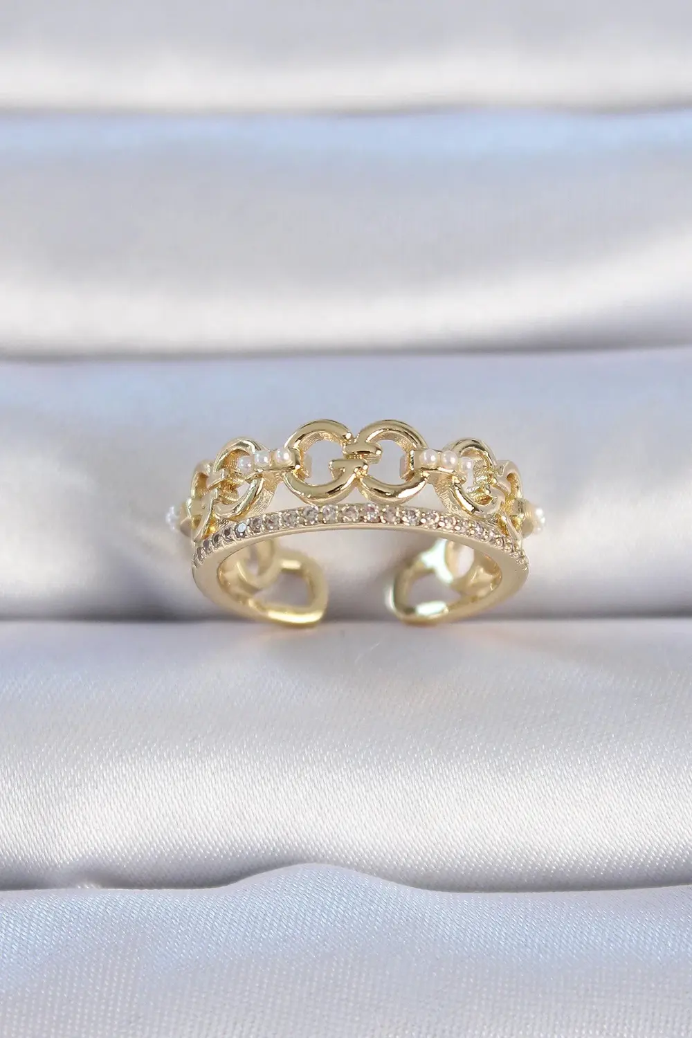 BFS Pirinç Gold Renk Zirkon Taşlı İnci Detay Kadın Yüzük