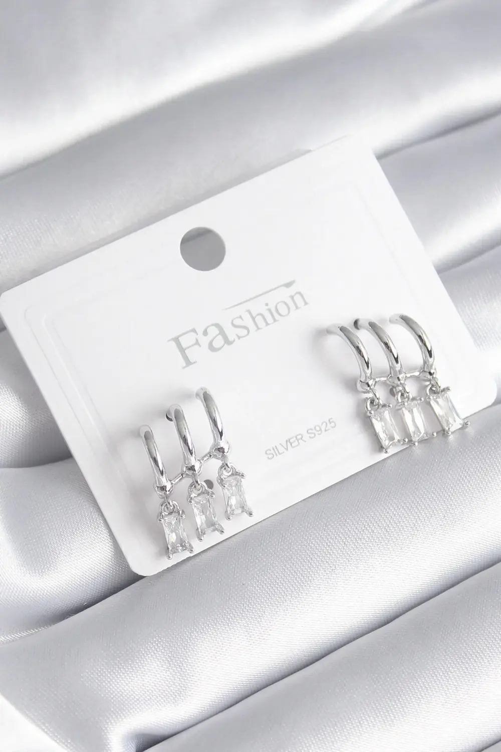 BFS Pirinç Gümüş Renk 3'lü Sallantı Zirkon Taşlı Küpe