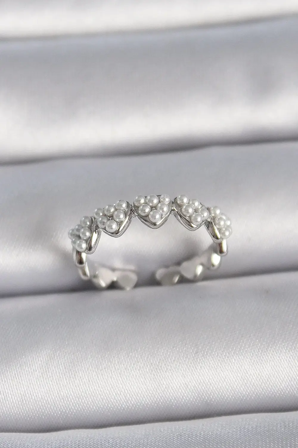 BFS Pirinç Gümüş Renk Ayarlanabilir İncili Kalp Model Kadın Yüzük