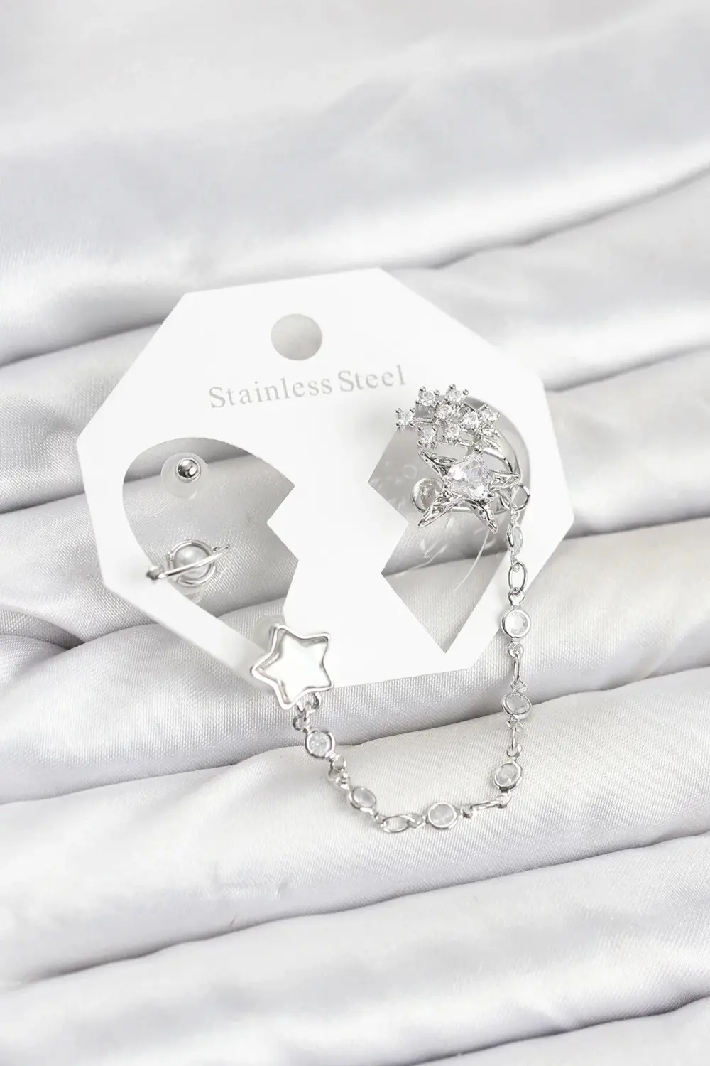 BFS Pirinç Gümüş Renk Yıldız Model Zincir Bağlantılı Ear Cuff Küp