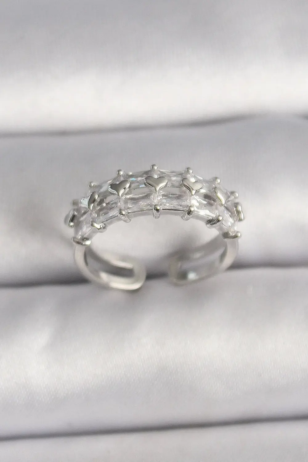 BFS Pirinç Gümüş Renk Zirkon Taşlı Ayarlanabilir Yüzük