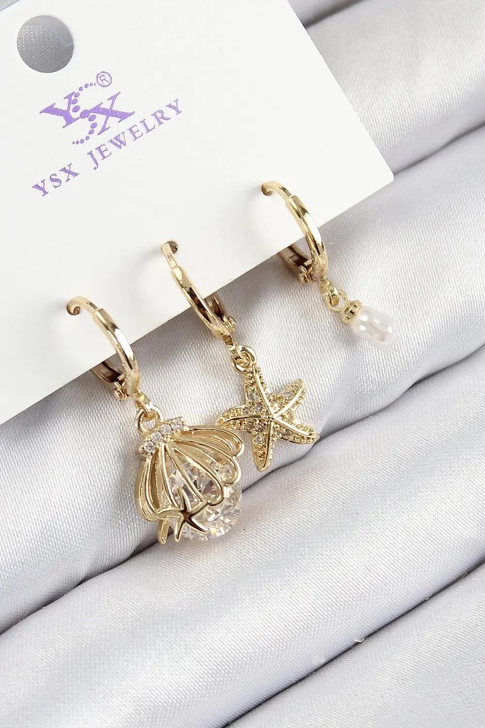 BFS Pirinç Zirkon Taşlı 3'lü İstiridye Ve Yıldız Model Gold Renk