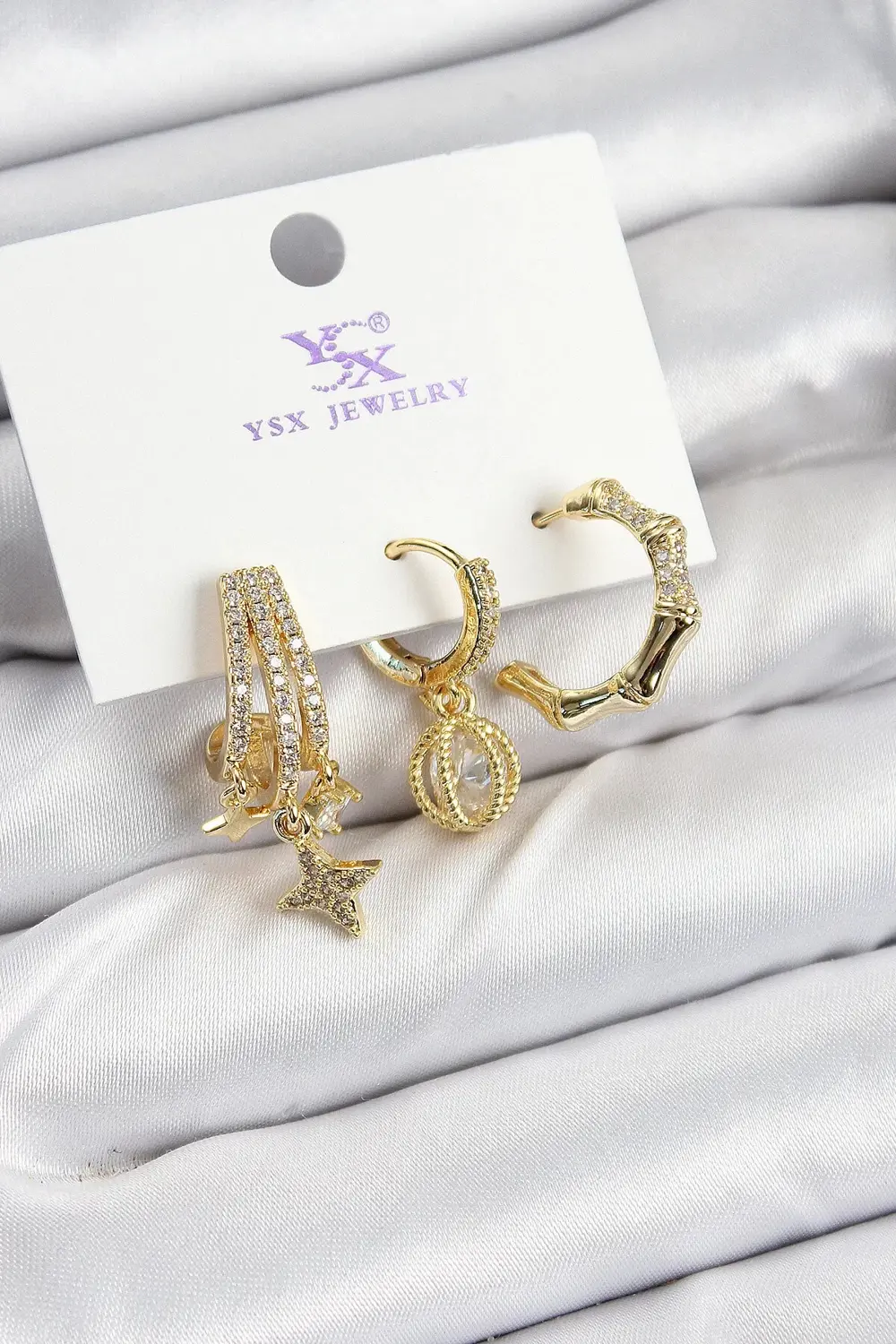 BFS Pirinç Zİrkon Taşlı Sallantılı Yıldız Model Gold Renk 3'lü Ka