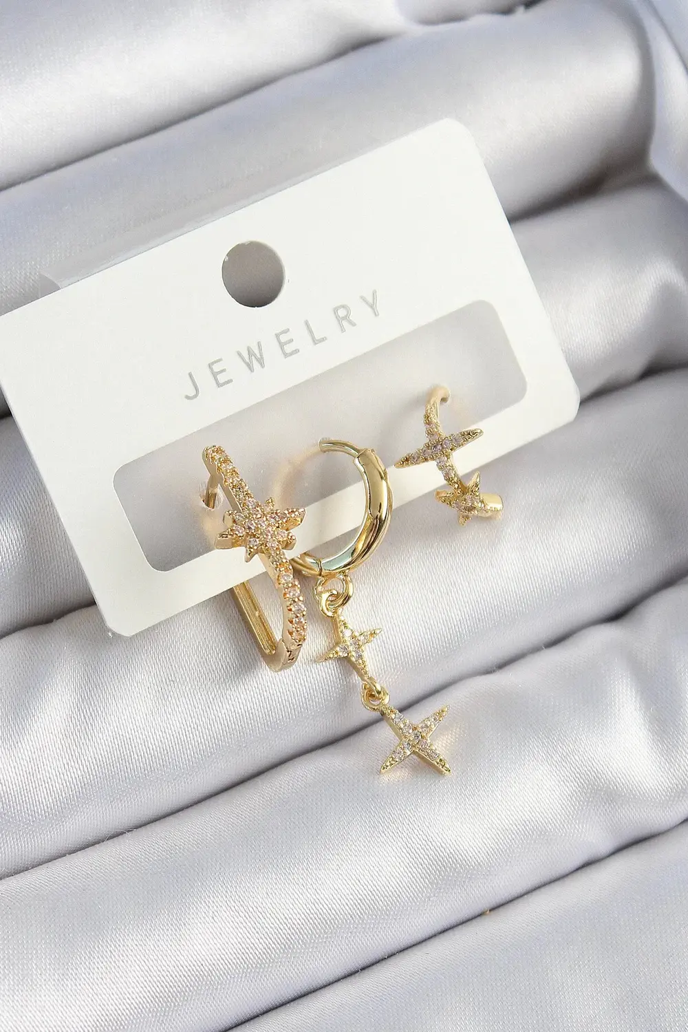 BFS Pirinç Zirkon Taşlı Yıldız Model Gold Renk 3'lü Çift Kadın Kü