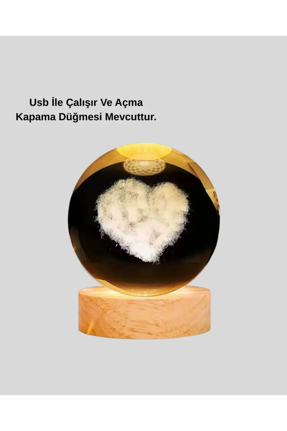 BFS Romantik Kalpli Kristal Cam Küre USB’li Işıklı Dekoratif Obje