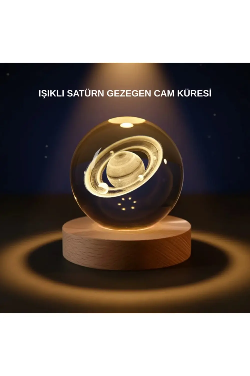BFS Satürn Desenli Kristal Küre LED Gece Lambası Ahşap Standlı