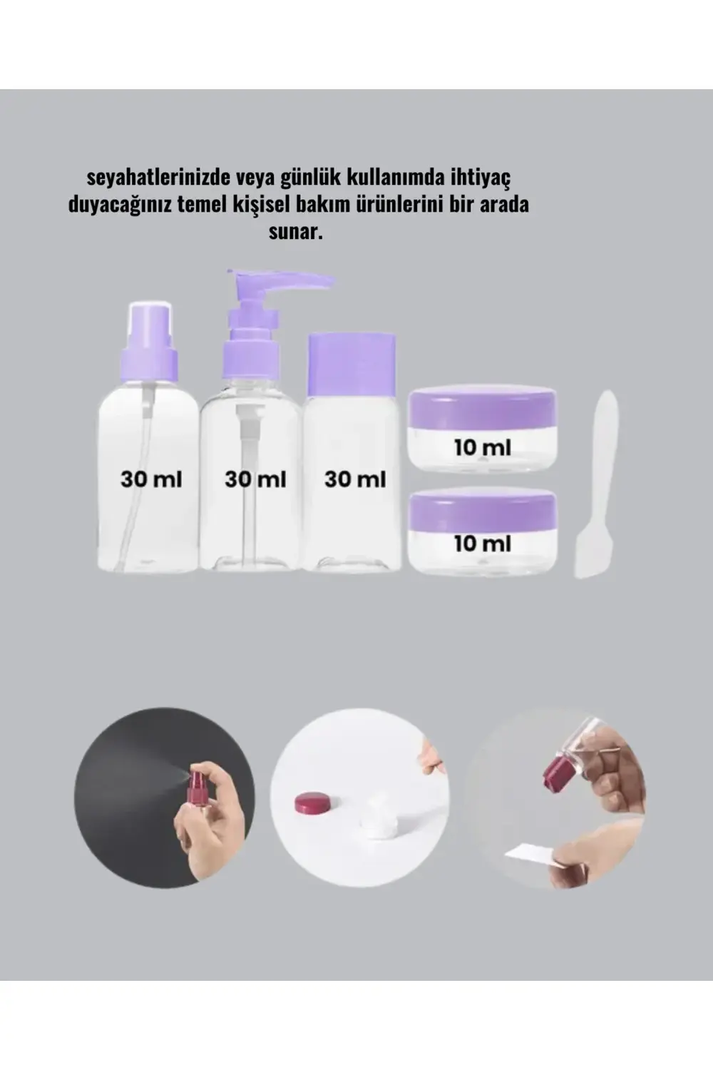 BFS Seyahat Boy Banyo Seti 5’li Mini Şişe ve Krem Kutusu Çantalı