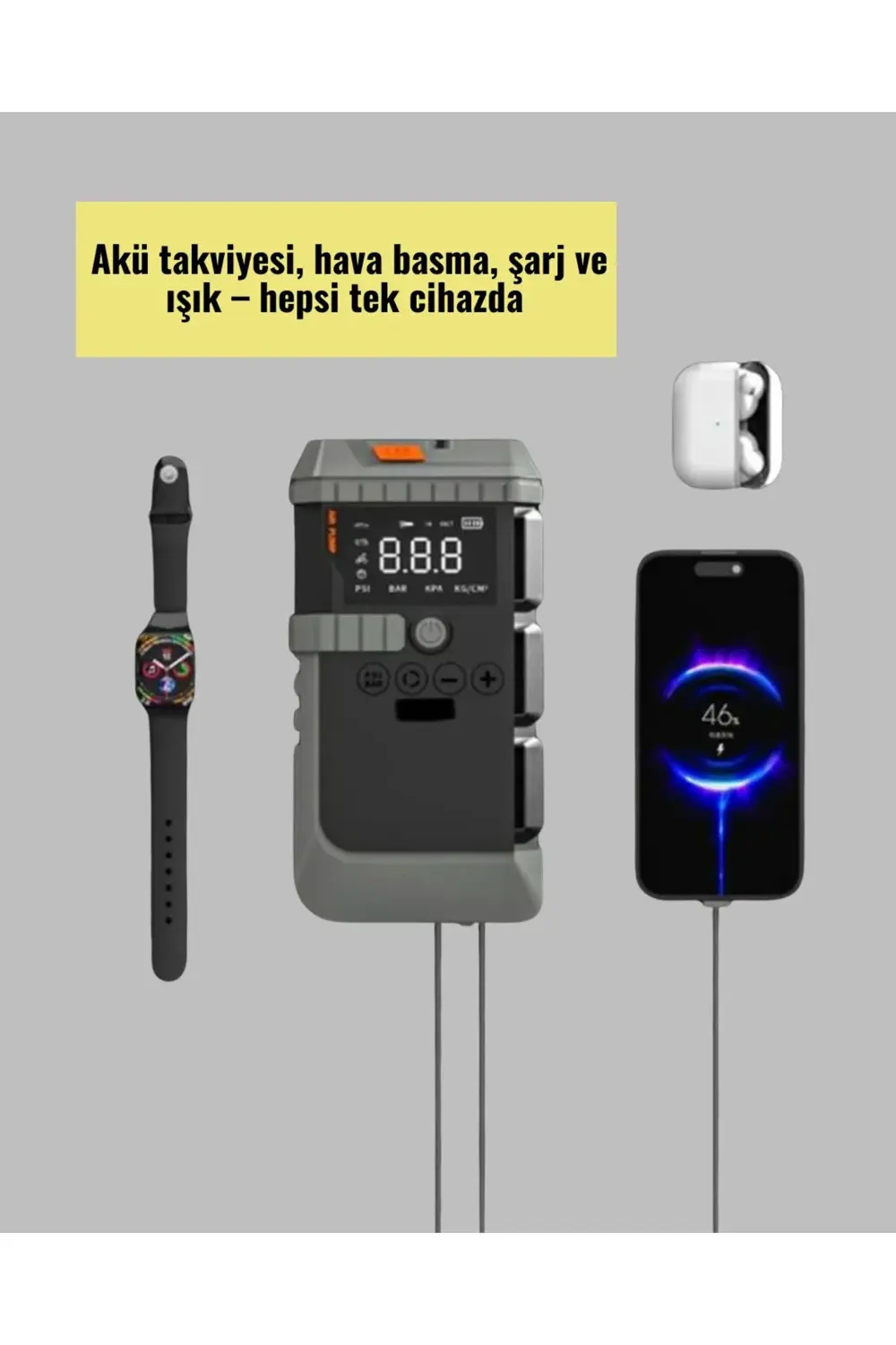 BFS Taşınabilir Akü Takviye Cihazı Işıklı Hava Kompresörü Powerba