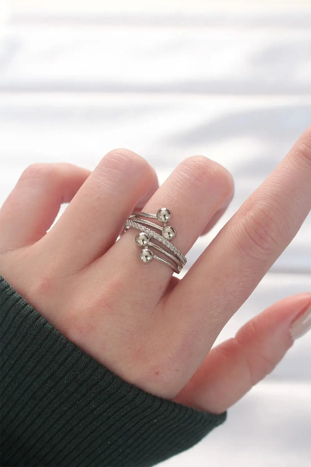 BFS Topçuk Model Zirkon Taşlı Silver Renk Ayarlanabilir Yüzük