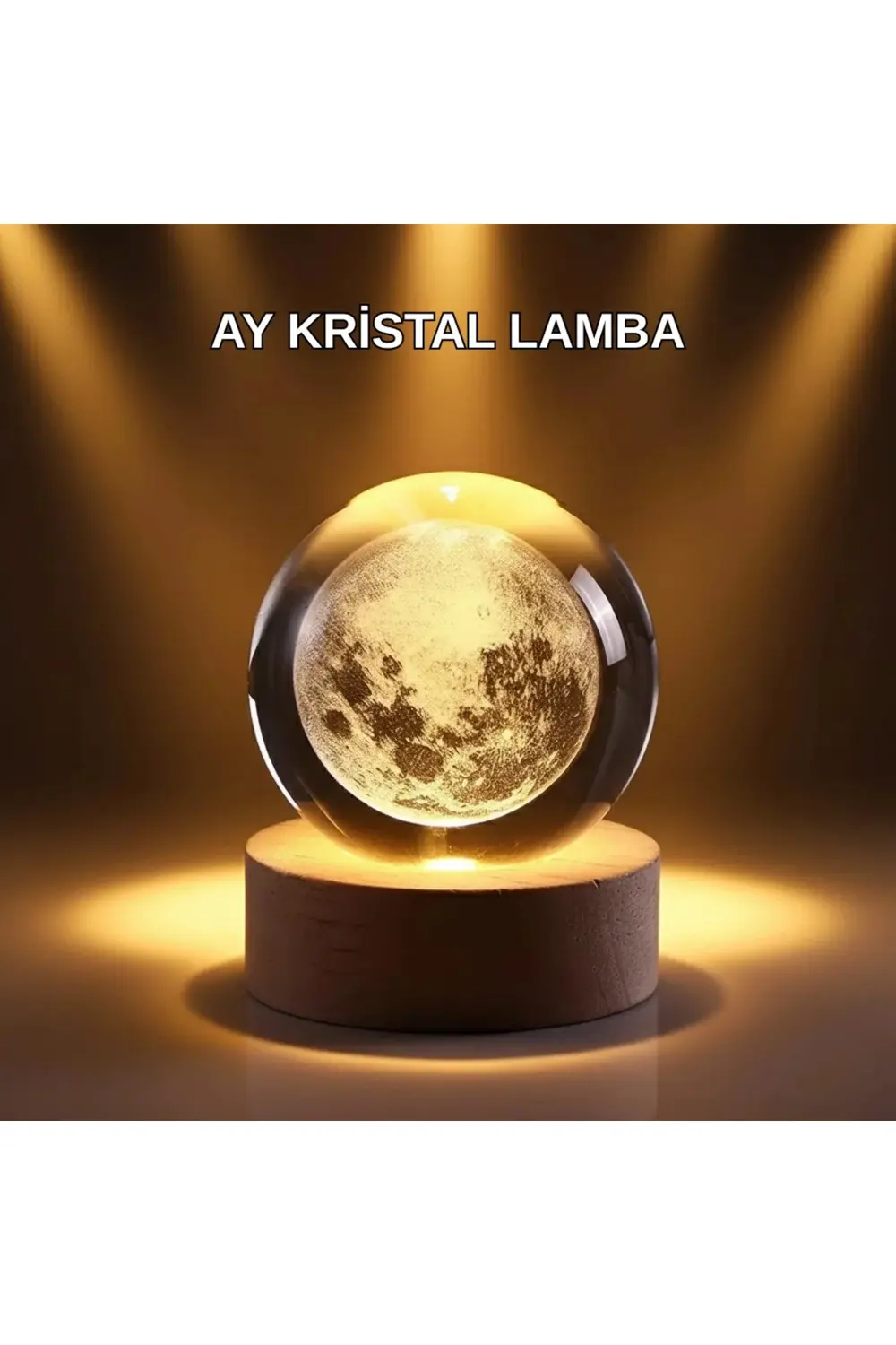 BFS USB Işıklı Ay Kristal Küre 3D Oyma Tasarım Ahşap Standlı Gece