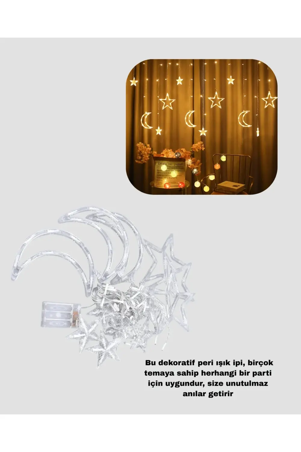 BFS Yıldız ve Ay Figürlü Pilli Perde Led Romantik Dekoratif Işık