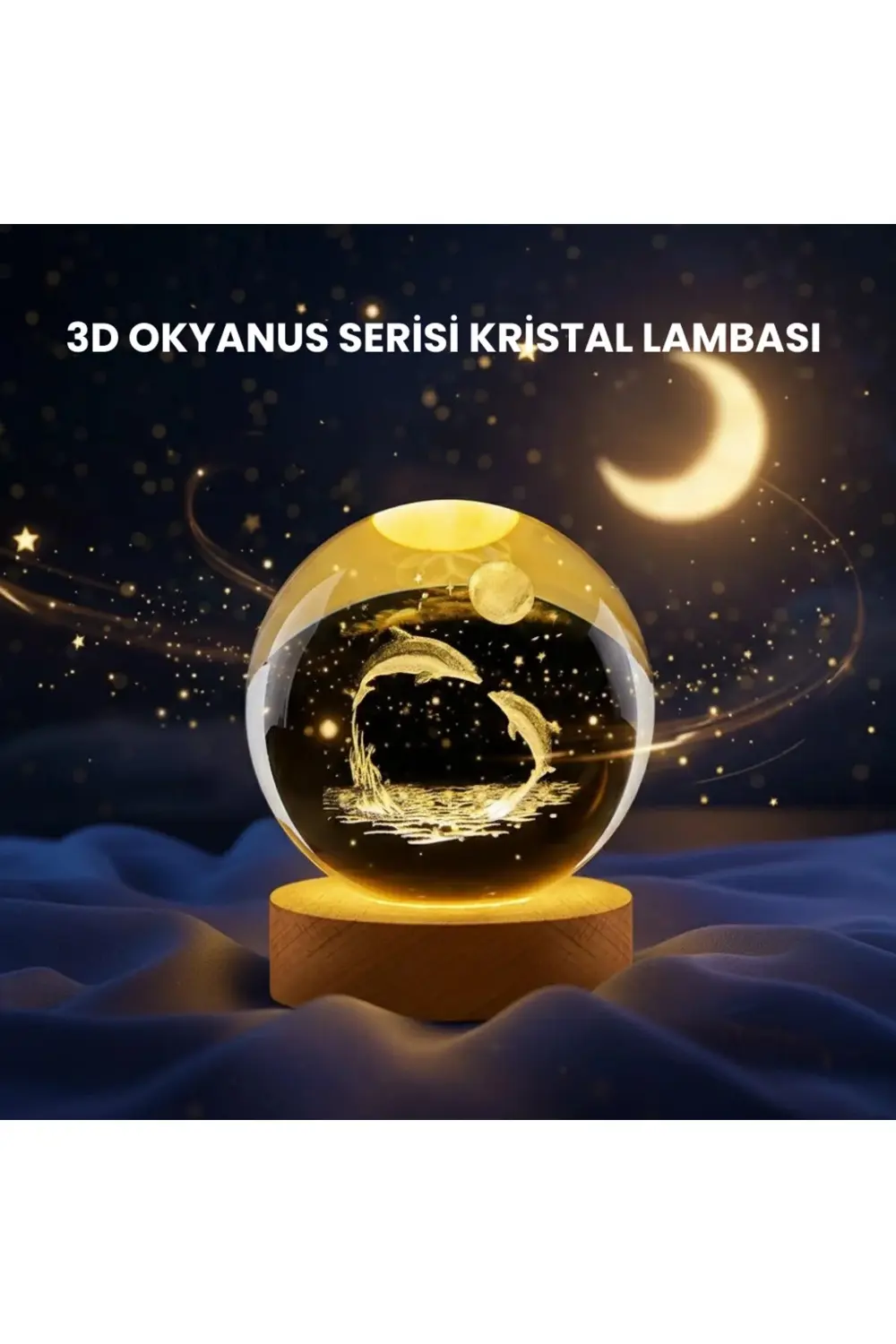 BFS Yunus Figürlü LED Kristal Küre Ahşap Standlı Dekoratif Gece L
