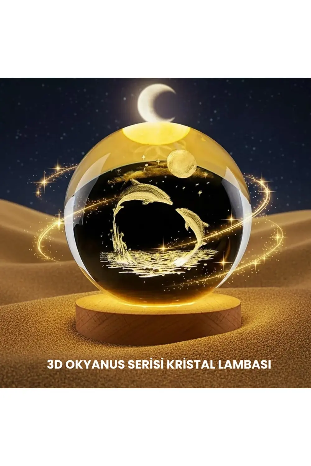 BFS Yunus Temalı Kristal Küre USB Işıklı Ahşap Altlıklı Gece Lamb