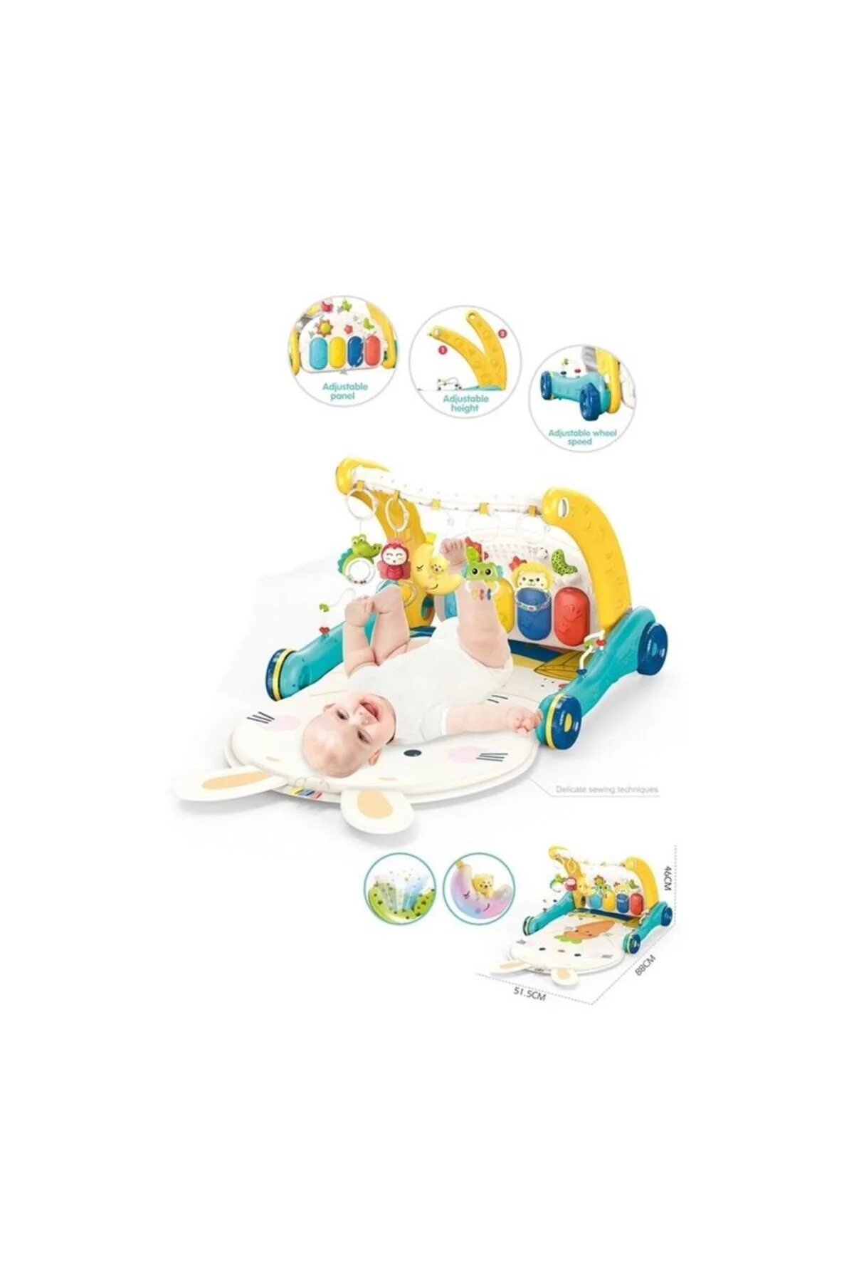 BIB6015 -Vardem Piyanolu 2 in 1 Bebek Yürüteci ve Tavşan Desenli Mavi Oyun Halısı