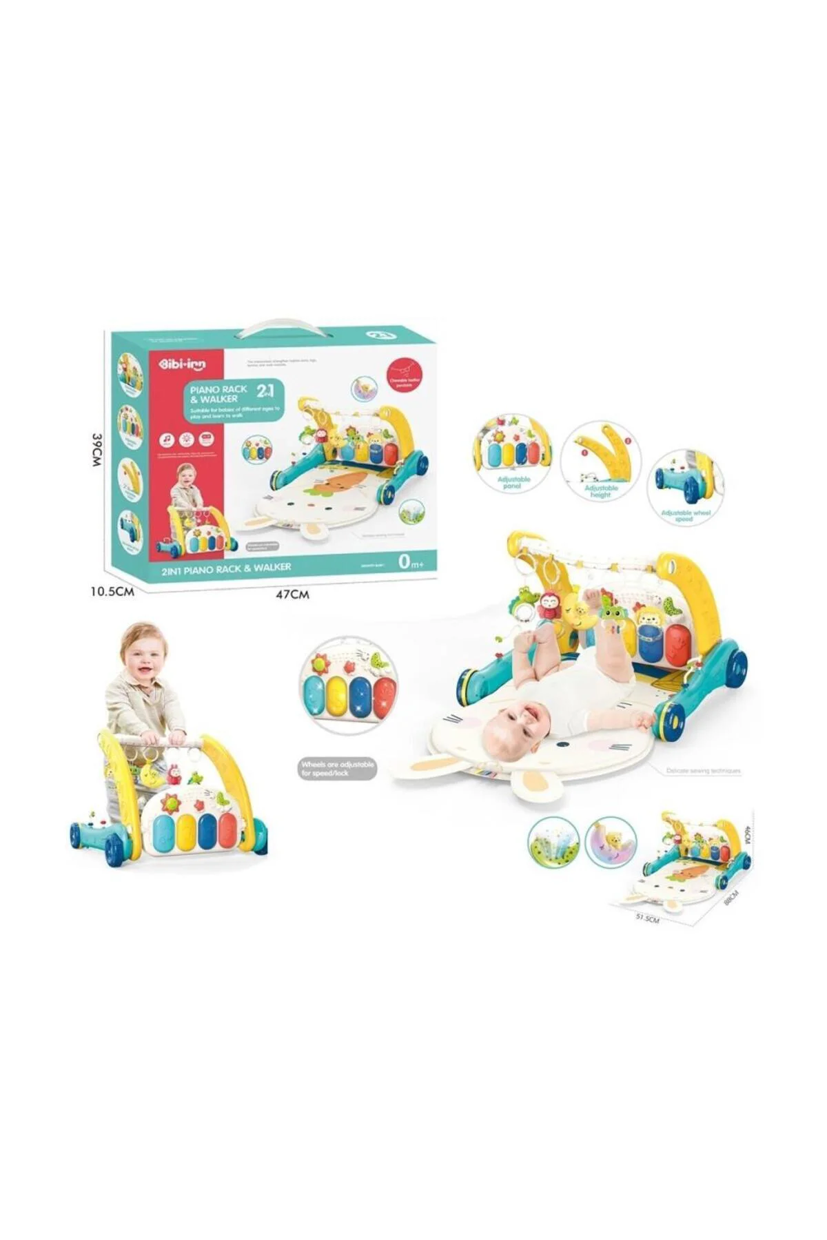 BIB6015 -Vardem Piyanolu 2 in 1 Bebek Yürüteci ve Tavşan Desenli Mavi Oyun Halısı