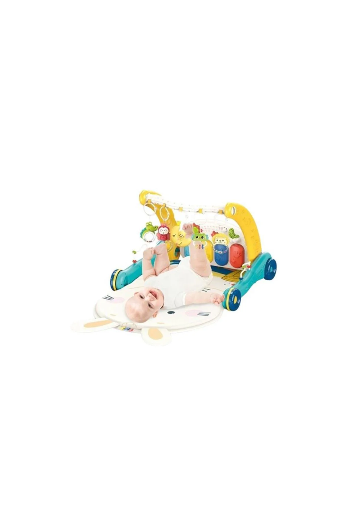 BIB6015 -Vardem Piyanolu 2 in 1 Bebek Yürüteci ve Tavşan Desenli Mavi Oyun Halısı